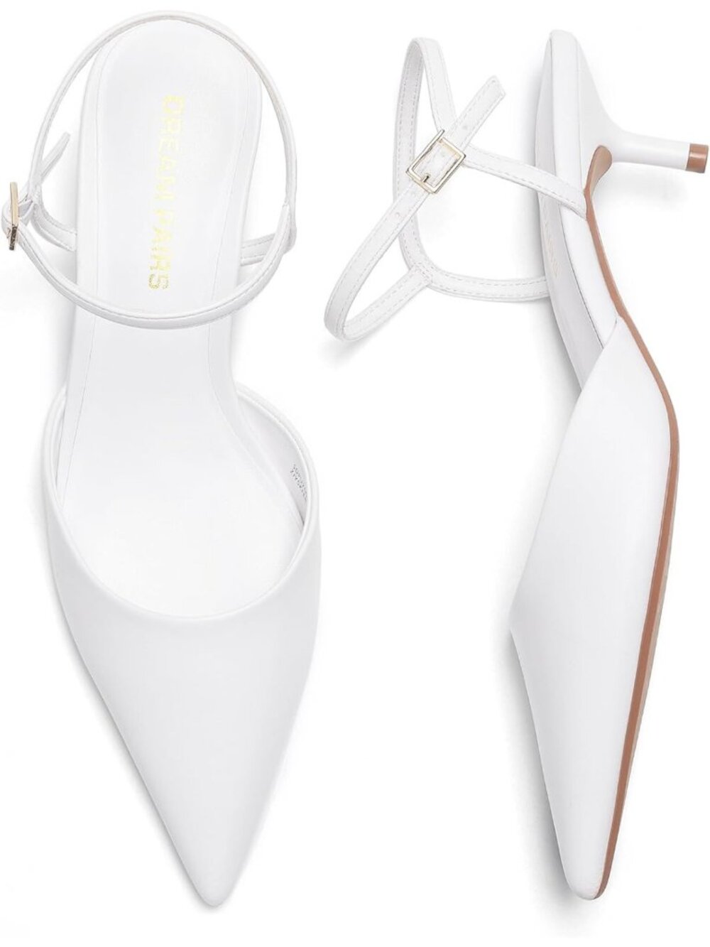 Women's White Pointed Closed Toe Low Stiletto Pumps Comfortable Kitten Heel